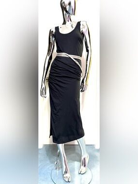 🏖️Summer Sale: All Saints Black Ruched Side Maxi Dress w/slit - low cut stretch